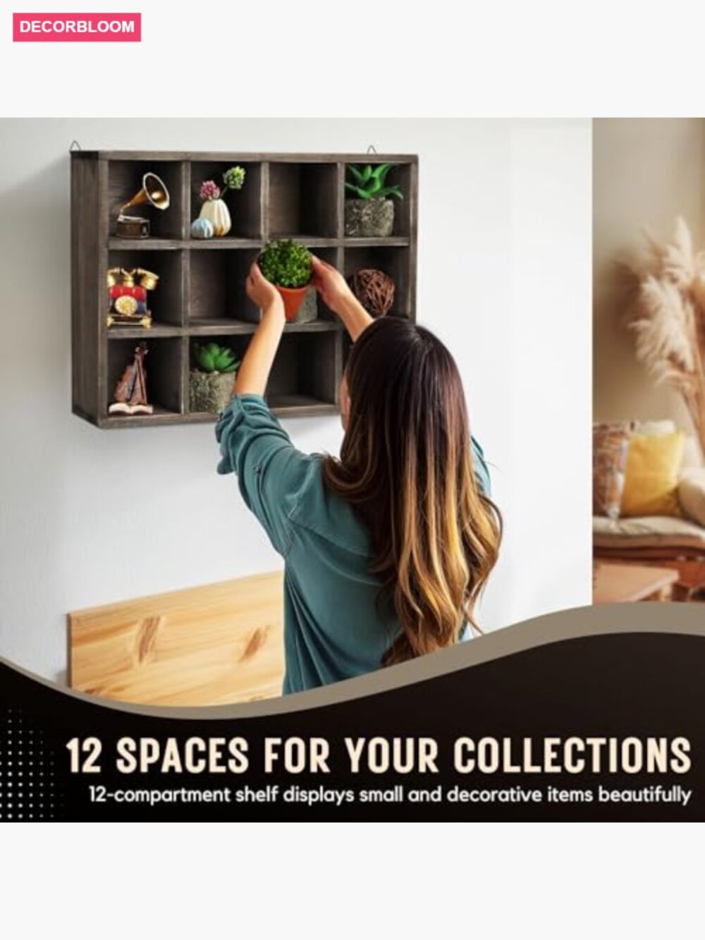 12-Compartment Rustic Wood Cubby Wall Shelf for Collectibles Display - Picture 4 of 7